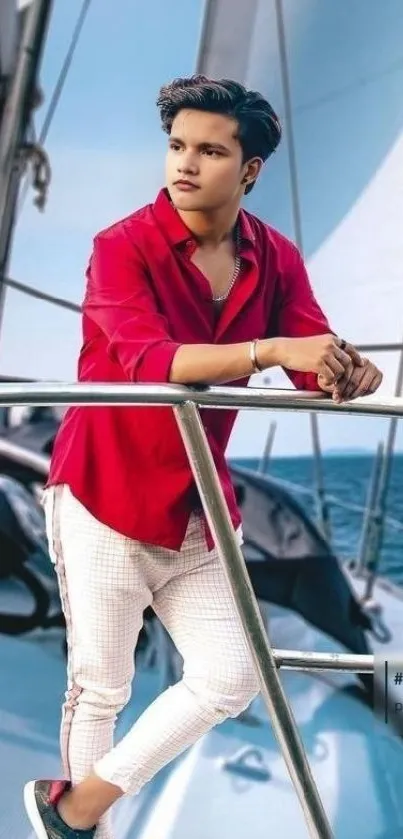 Man in a red shirt leaning on a sailboat railing at sea.