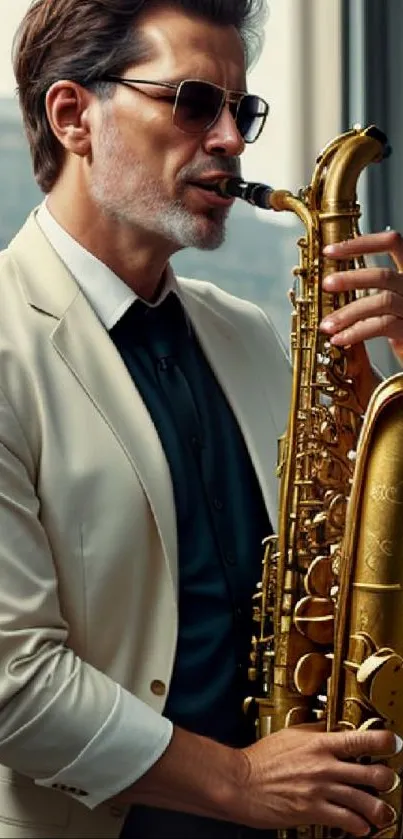 Man in white suit playing saxophone by window.