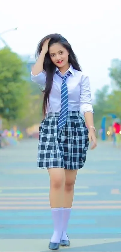 Schoolgirl in a stylish outfit walks confidently in a vibrant city park.