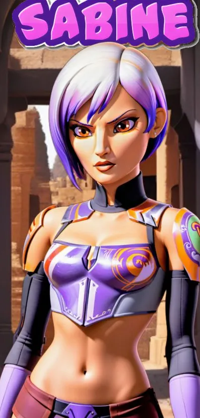 Animated sci-fi character in purple outfit against ancient ruins.