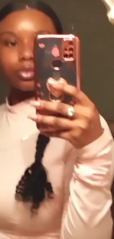 Stylish woman taking a mirror selfie with phone.