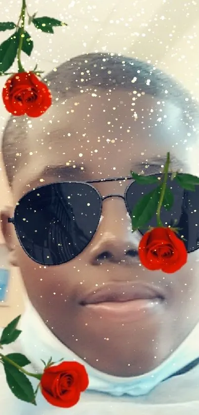 Person with sunglasses and red roses overlay on light blue background.