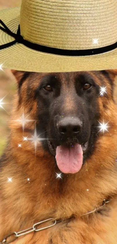 German Shepherd wearing a stylish hat in an outdoor setting.