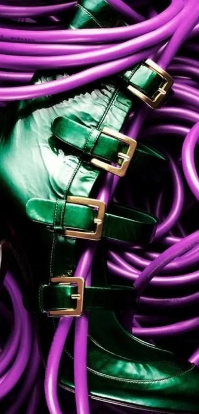 Green shoe intertwined with purple cables in a fashionable wallpaper.