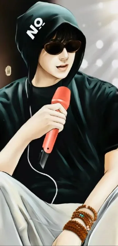 Anime-style singer with microphone in black hoodie and sunglasses.