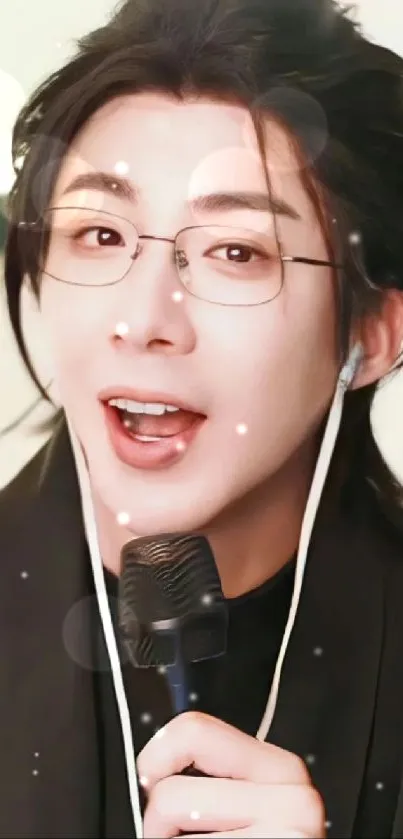 Singer with glasses and microphone in a stylish mobile wallpaper.