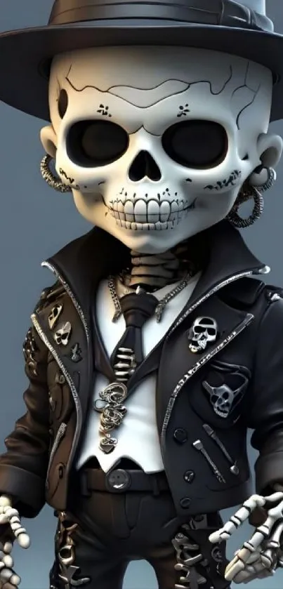 Stylish skeleton in grayscale attire with punk details.