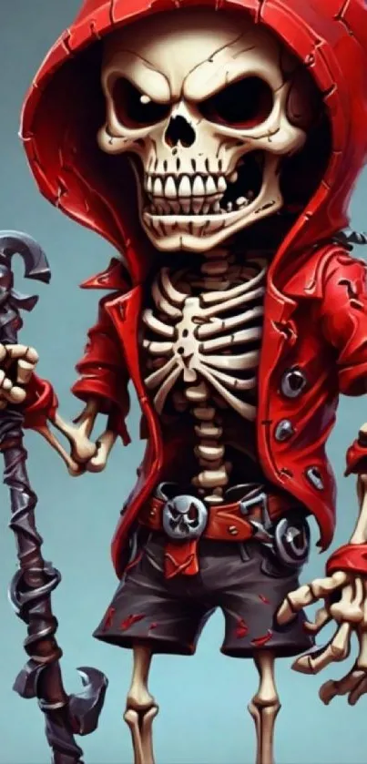 Skeleton in red hoodie mobile wallpaper with edgy design.