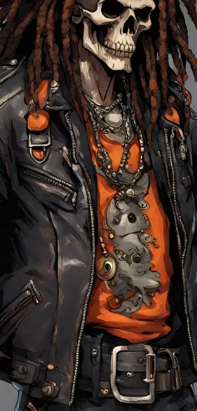 Bold wallpaper with a skeleton in a leather jacket and orange shirt.