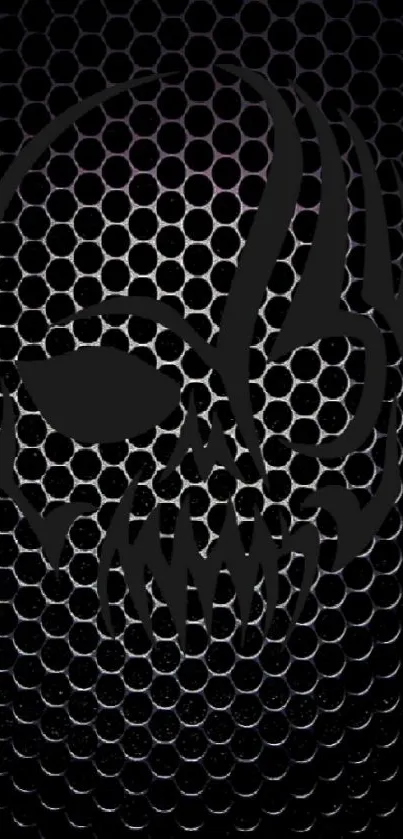 Dark skull wallpaper with honeycomb pattern in black design.