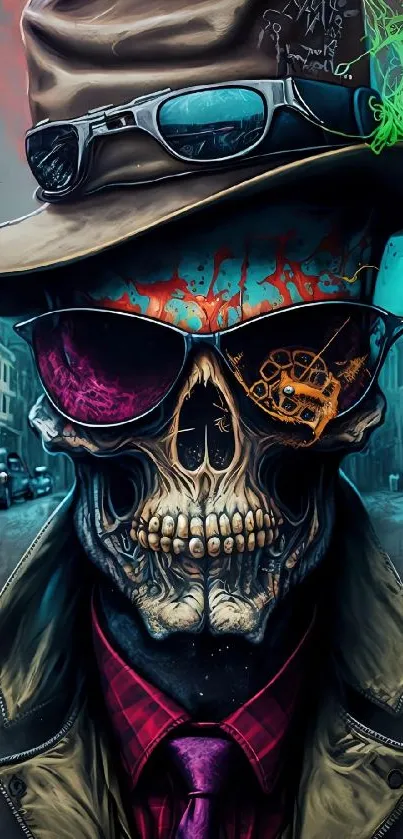 Stylish skull with hat and sunglasses on urban street background.