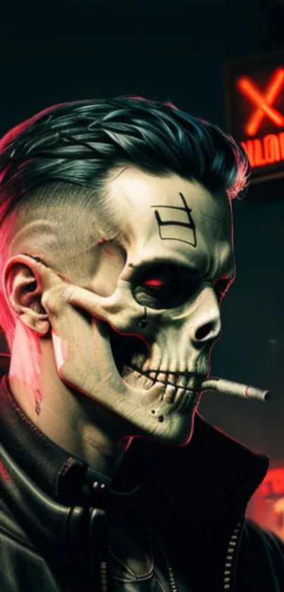 Neon-lit skull with a cigarette in a dark, stylish theme.