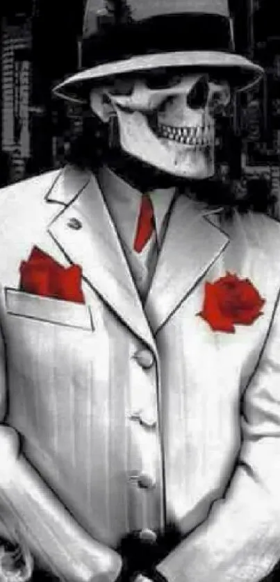 Skeleton in white suit with red roses on a dark urban background.