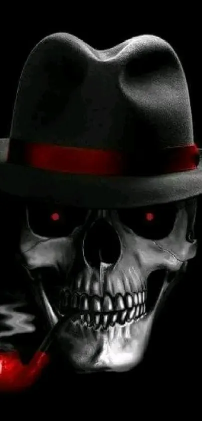 Skull with hat and red pipe on black background.