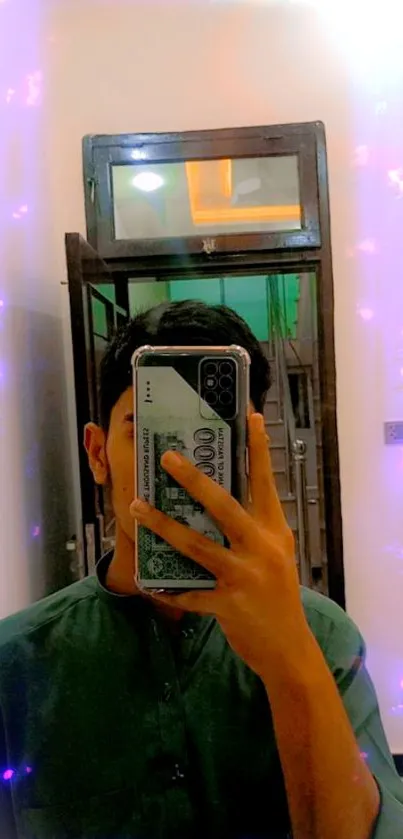 A stylish selfie taken in the mirror with a modern smartphone reflecting vibrant colors.