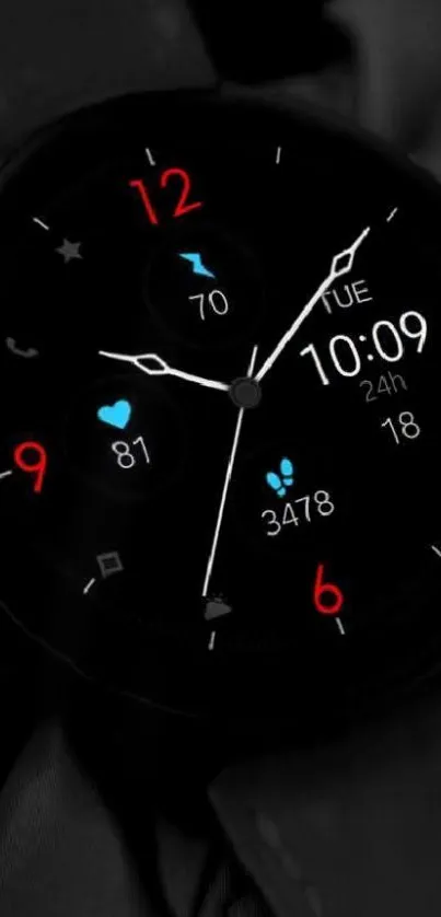 Sleek smartwatch displaying time and metrics with vivid digital elements.