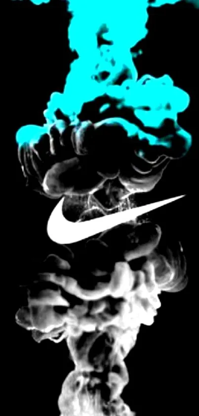 Cyan smoke with swoosh logo on black background.