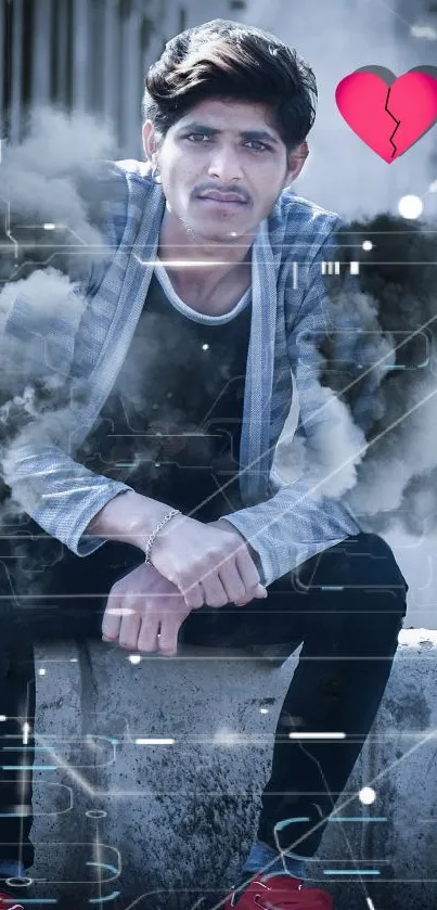 Stylish person surrounded by smoke with digital effects and a broken heart icon.