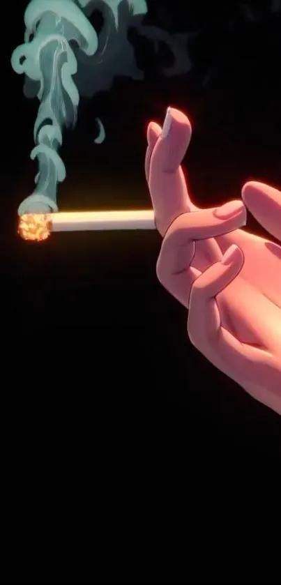 Elegant hand holding a lit cigarette with smoke.