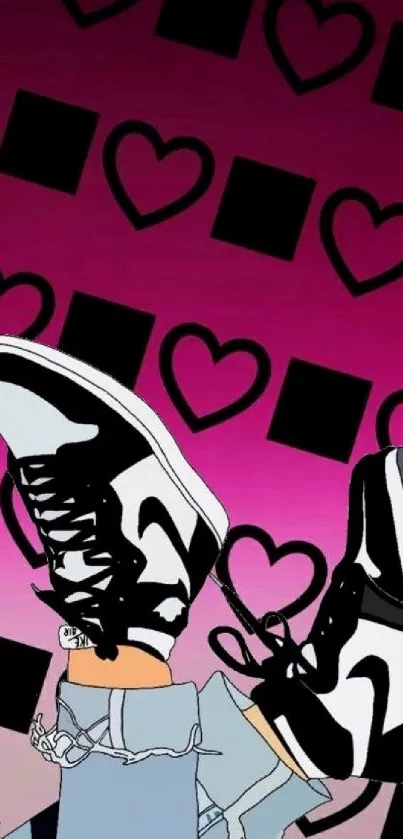 Stylish sneaker art wallpaper with pink background and heart pattern.