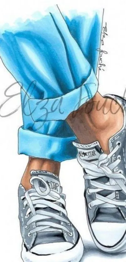 Illustration of sneakers with blue rolled jeans.