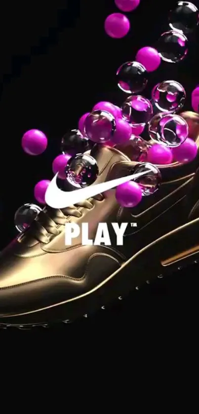 Sleek sneaker with purple bubbles on black background.