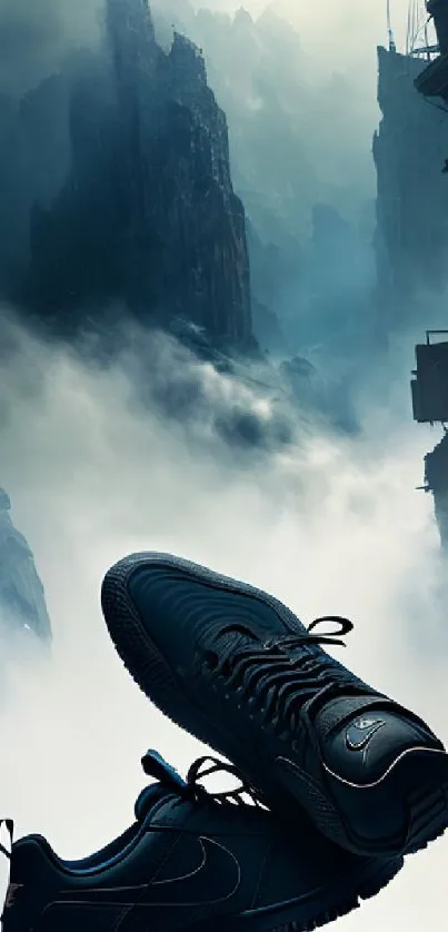 Stylish sneakers set against misty mountain backdrop with dramatic cliffs.