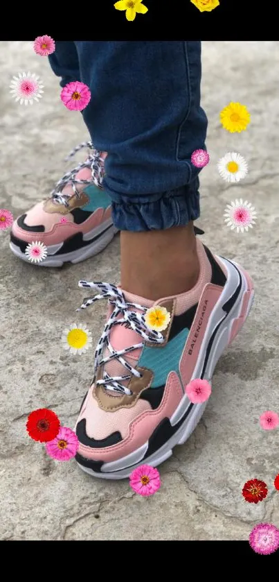 Stylish pink and teal sneakers on concrete surface.