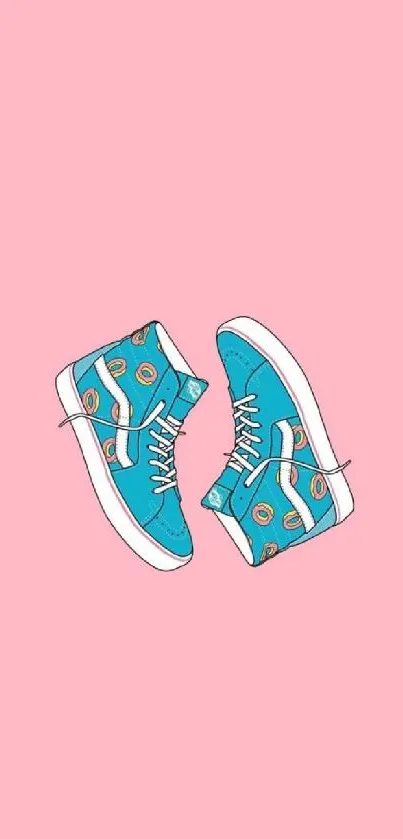 Blue sneakers with donut designs on pink background.