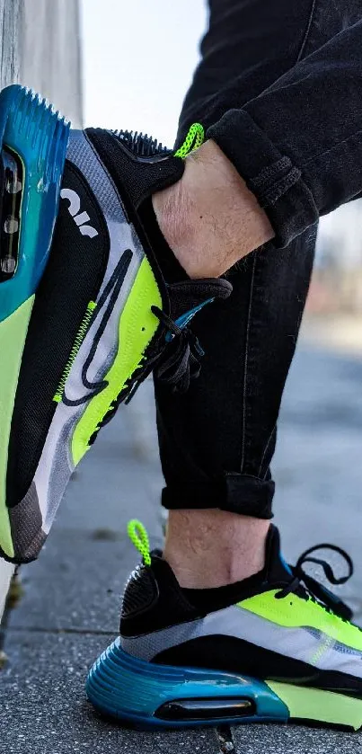 Person wearing stylish neon green sneakers against a city street background.