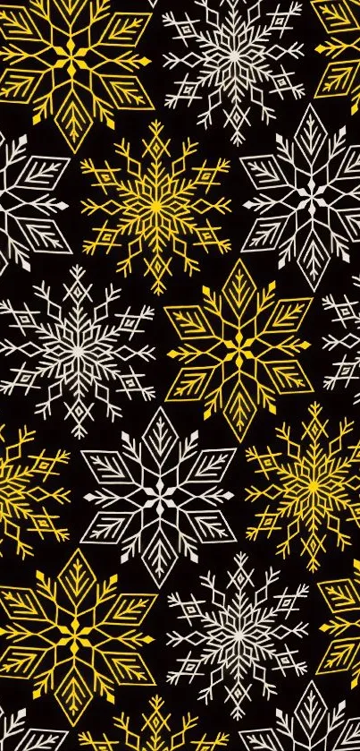 Intricate snowflake pattern on black background with yellow and white designs.