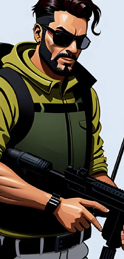 Illustration of a stylish soldier with sunglasses and a tactical backpack.