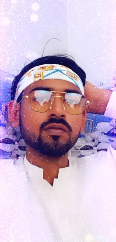 Portrait with sparkly filter and sunglasses, wearing white clothing.