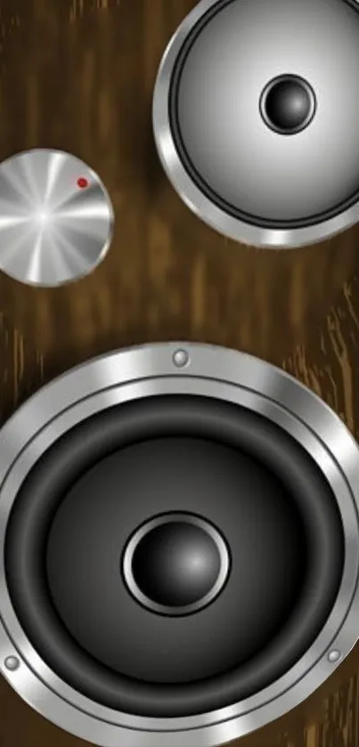 Close-up of a realistic speaker design on a wood texture background.