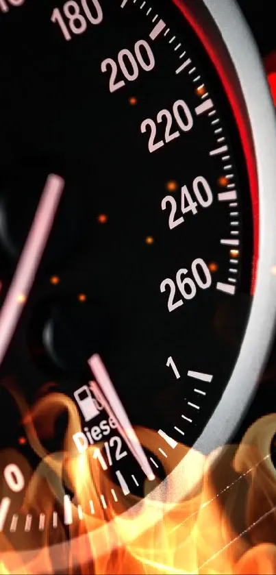 Close-up of a car speedometer with red accents and a sleek, modern design.