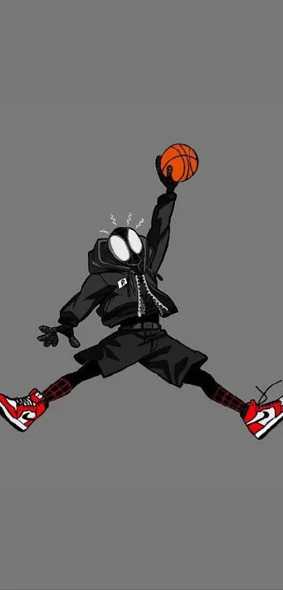 Spider character in urban streetwear holding a basketball on a gray background.