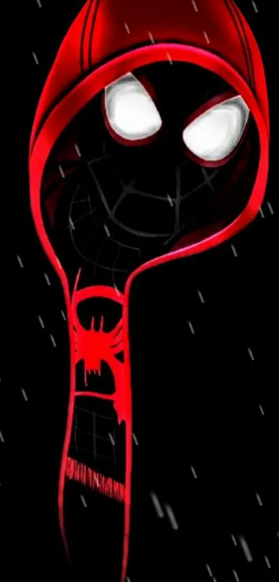 Stylish spider-themed wallpaper with red hooded figure on black background.