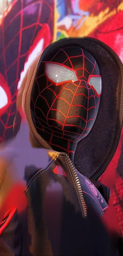 Stylized Spiderman in vibrant colors with an animated design on mobile wallpaper.