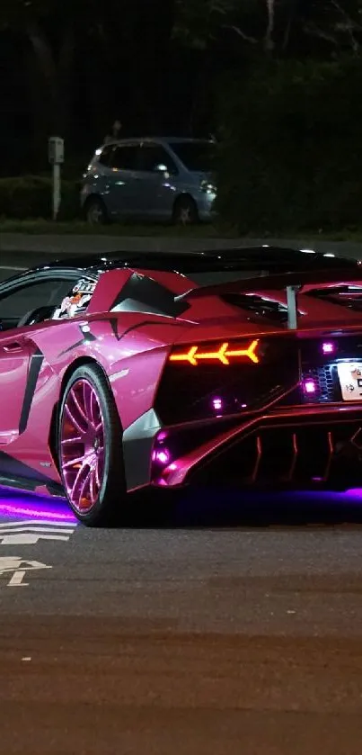 Vibrant purple sports car with neon lights on a city street at night.