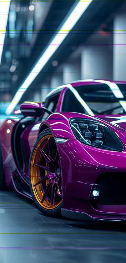 Sleek sports car in a vivid urban setting with magenta hues.