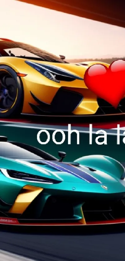 Yellow and teal sports cars on a racetrack with 'ooh la la' text overlay.