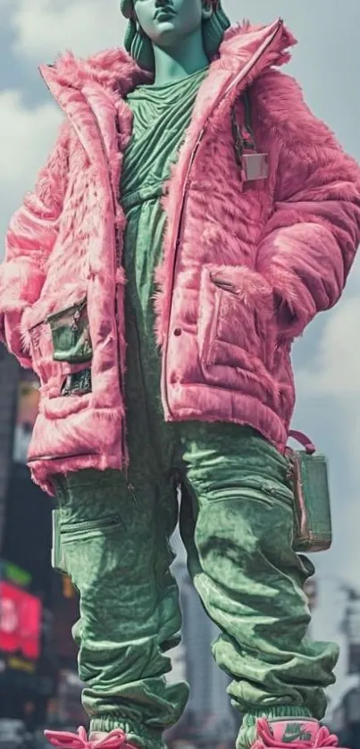 Statue of Liberty in stylish pink and green urban outfit.