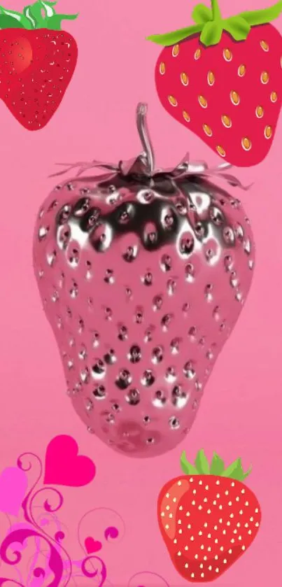 Metallic strawberry on a pink background with artistic elements.