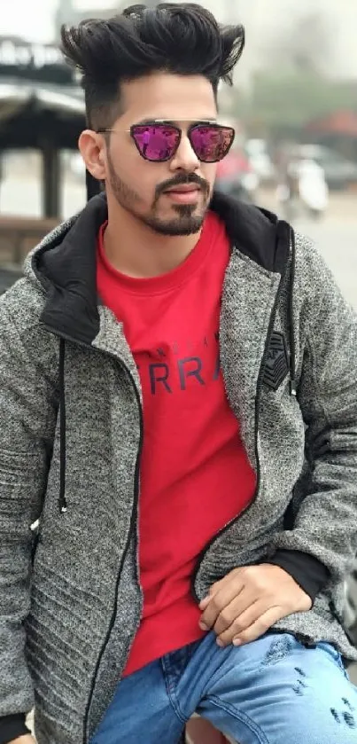 Stylish person in red shirt, gray jacket, and sunglasses on the street.