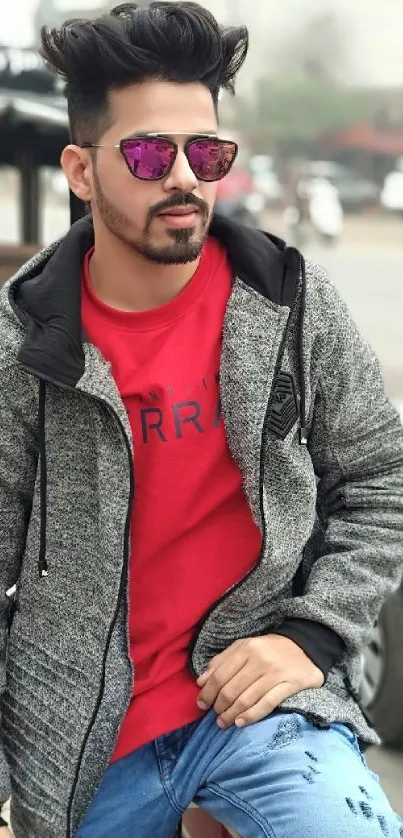 Man in gray jacket and sunglasses with street backdrop.