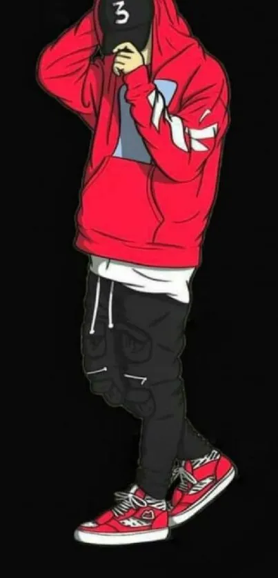 Illustrated figure in red hoodie on dark background.