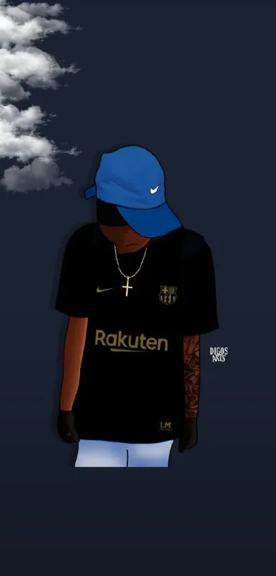 Illustration of a stylish streetwear figure with a dark background.