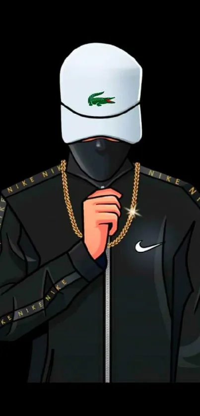 Masked figure in streetwear with fashion logos on black background.