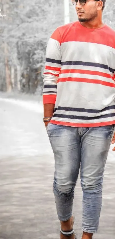 Man wearing striped shirt with jeans in fashion-forward pose.