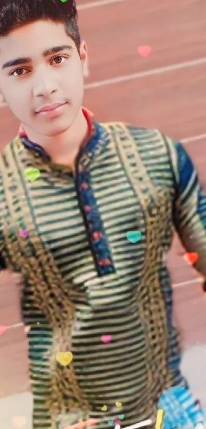 Young man in stylish striped shirt with colorful hearts.